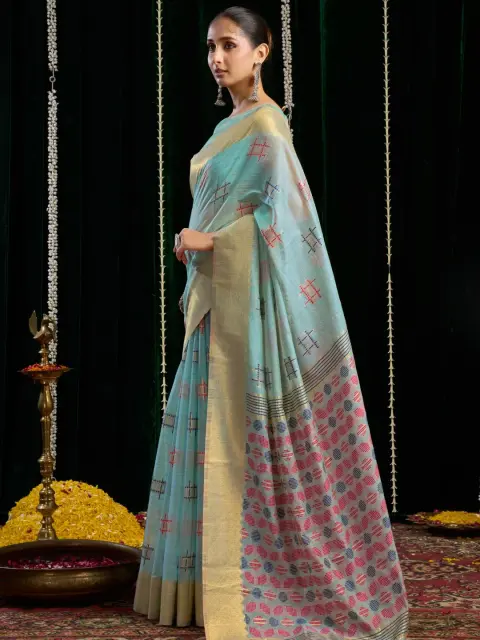 Sky Blue Spun Cotton Saree