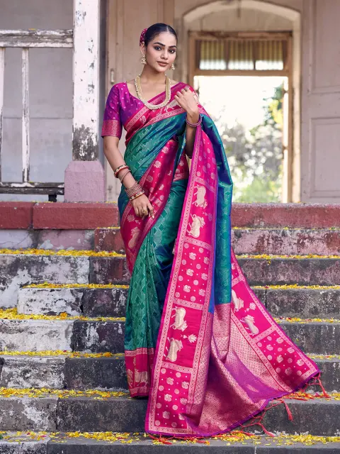Teal Silk Saree with Pink Paithani Border