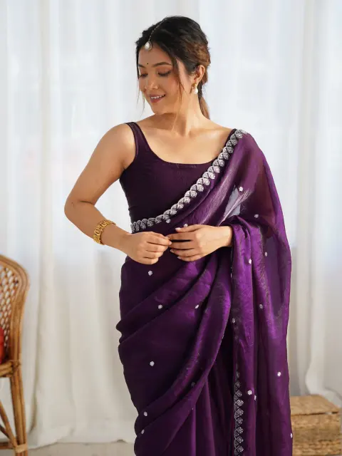 Purple Satin Saree with Sequin Butti