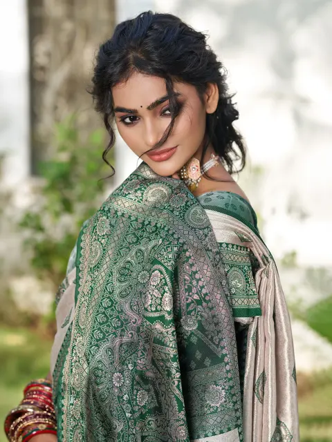 Cream Silk Blend Saree with Dark Green Border