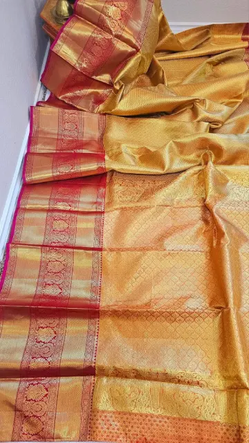 Gold Bridal Kanchipuram Silk Saree with Magenta Zari Border