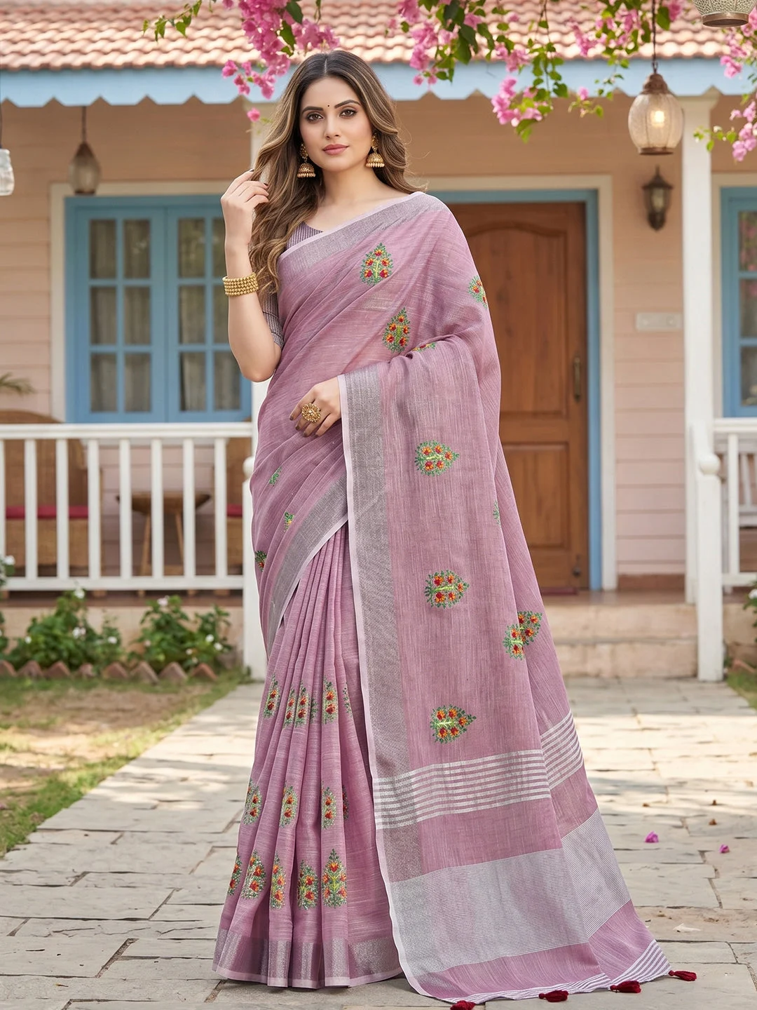 Light Purple Linen Saree with Embroidery
