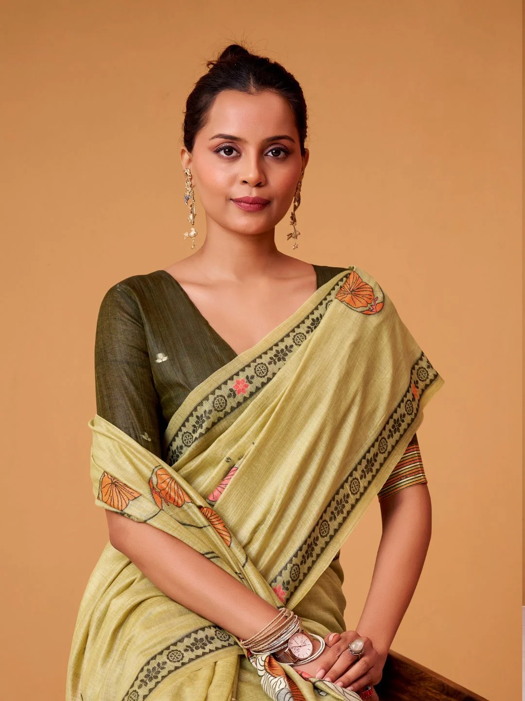 Olive Green Jamdani Cotton Saree