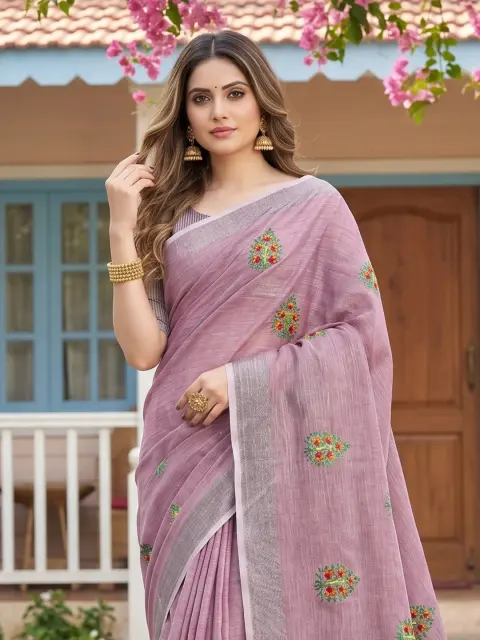 Light Purple Linen Saree with Embroidery