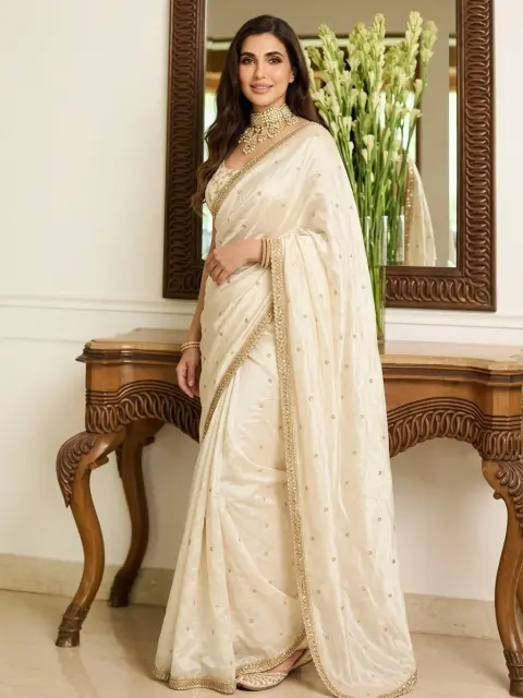 Cream Georgette Saree with Sequin Butti