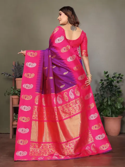 Pink Banarasi Soft Silk Saree with Purple Border