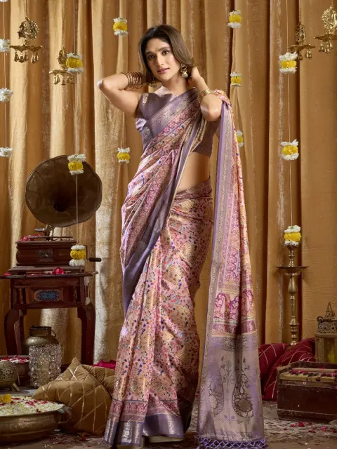 Lavender Cluster Print Saree with Banarasi Border