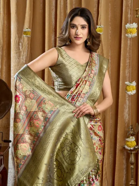 Pista Green Cluster Print Saree with Banarasi Border