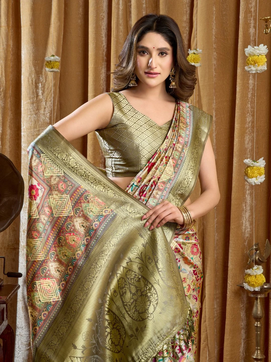 Pista Green Cluster Print Saree with Banarasi Border