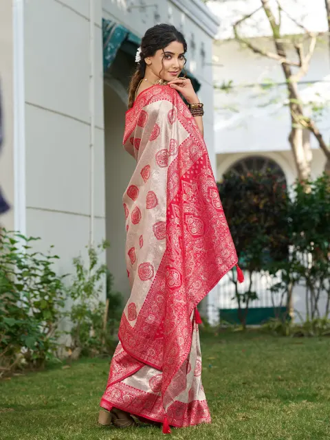 Cream Silk Blend Saree with Red Motifs
