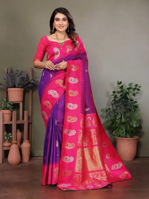 Pink Banarasi Soft Silk Saree with Purple Border