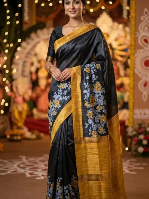 Black Blue Floral Border Saree
