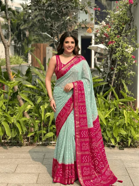 Mint Green Bandhani Georgette Saree