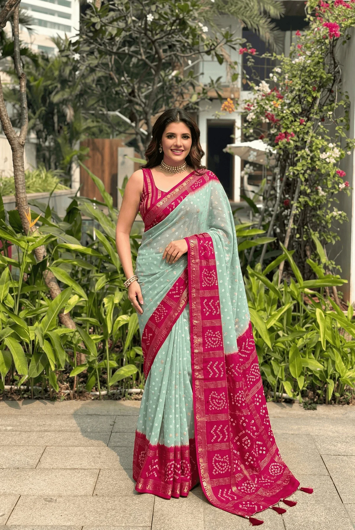 Mint Green Bandhani Georgette Saree