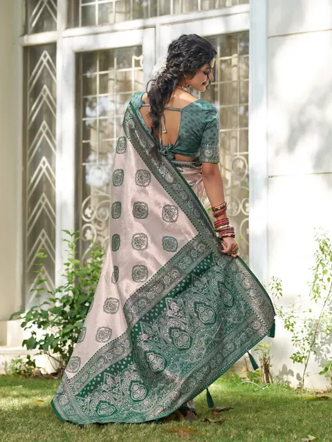 Cream Silk Blend Saree with Dark Green Border