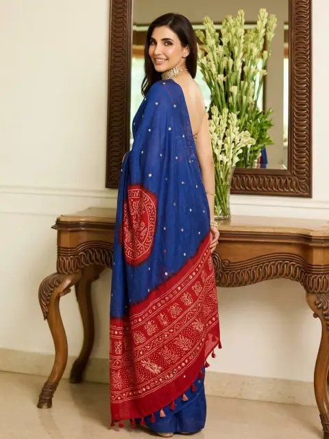 Blue Cotton Saree with Mirror Work