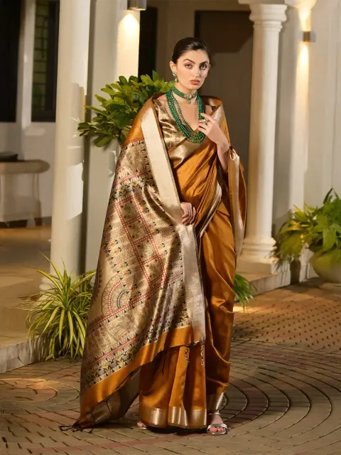 Mustard Tussar Silk Saree with Printed Pallu