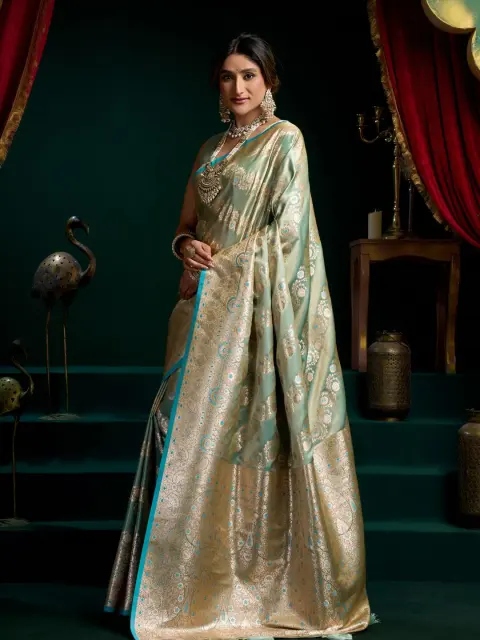 Mint Green Satin Silk Saree with Gold Zari