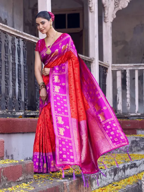 Red Soft Silk Saree with Magenta Paithani Border