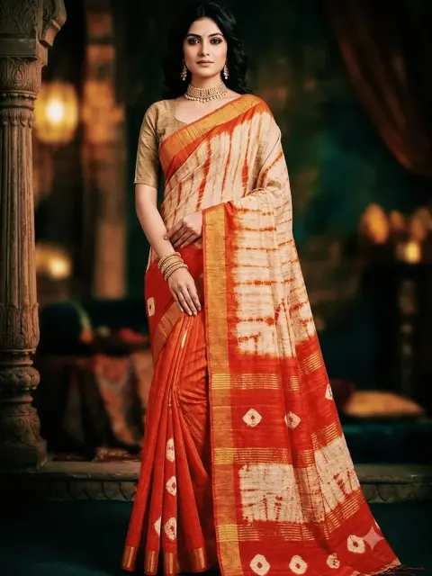 Ivory Orange Shibori Effect Saree