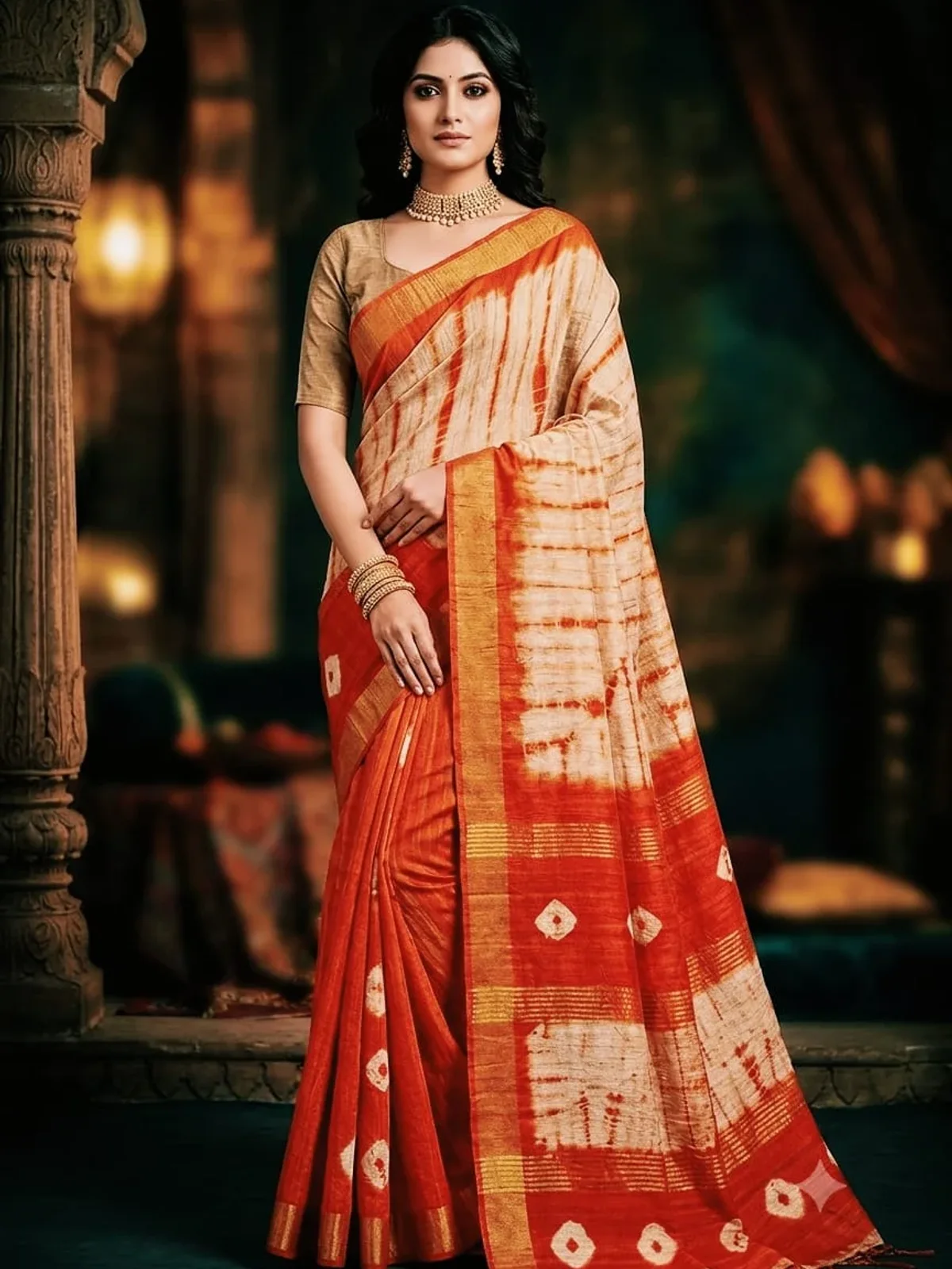Ivory Orange Shibori Effect Saree