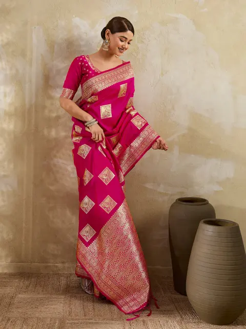 Rani Pink Silk Blend Saree with Zari Butti
