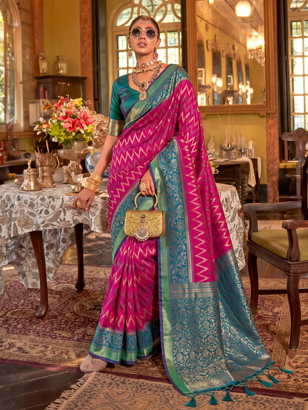Rani Pink Silk Saree with Teal Border