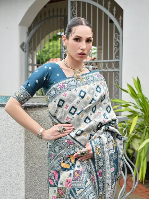 Grey Patola Print Silk Saree