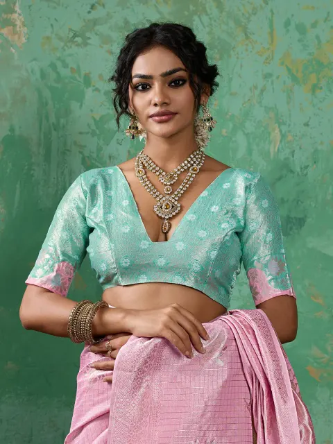 Pink Linen Cotton Saree with Mint Pallu