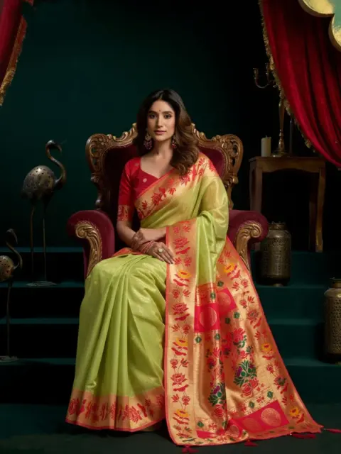 Lime Green Tissue Paithani Saree