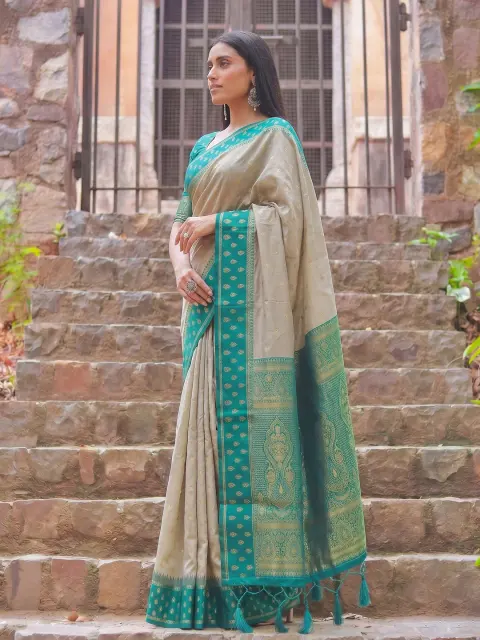 Beige Cotton Saree with Rama Green Border