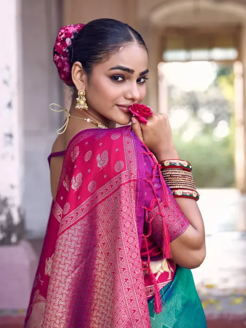 Teal Silk Saree with Pink Paithani Border