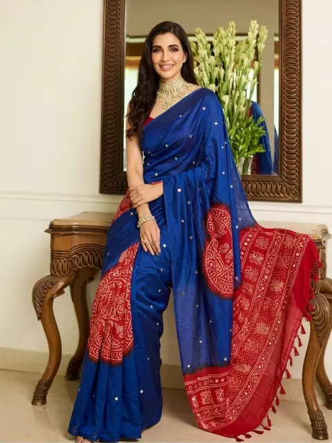 Blue Cotton Saree with Mirror Work