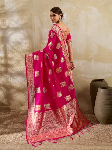 Rani Pink Silk Blend Saree with Zari Butti