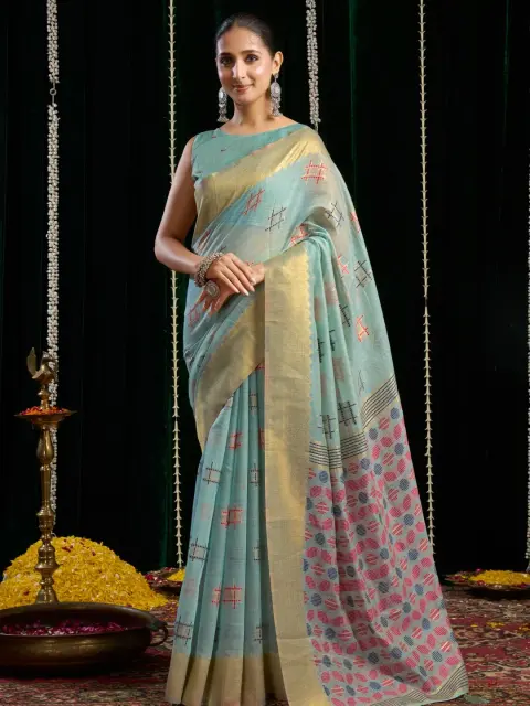 Sky Blue Spun Cotton Saree
