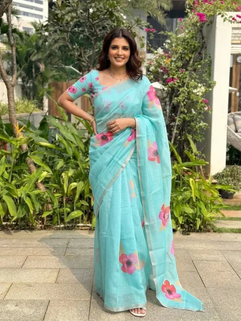 Sky Blue Cotton Linen Floral Saree