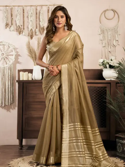 Khaki Khadi Cotton Saree with Zari Border
