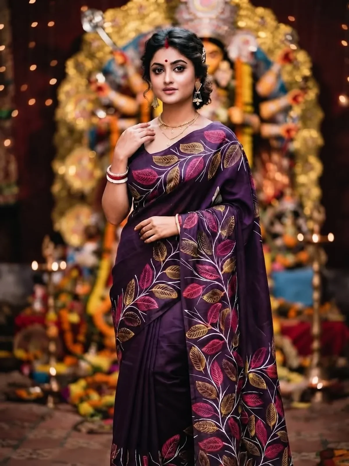 Deep Purple Leaf Motif Saree