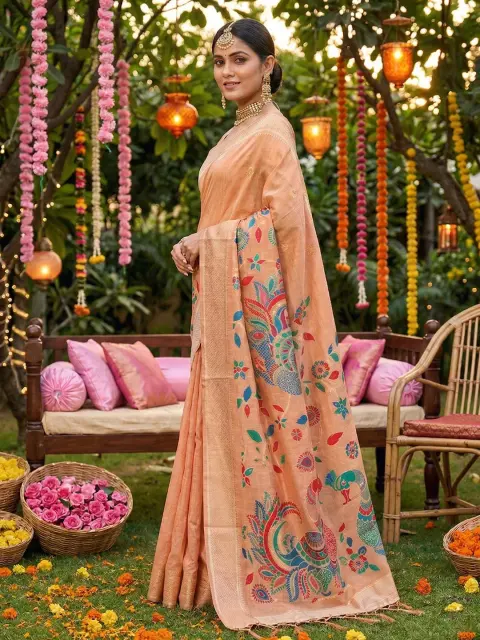 Peach Linen Cotton Saree with Peacock Pallu