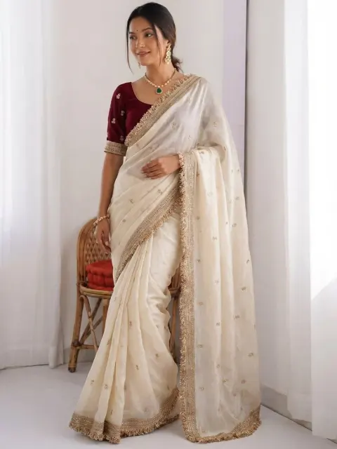 Ivory Satin Saree with Zari Embroidery