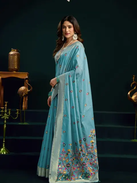 Sky Blue Munga Cotton Saree with Mina Work