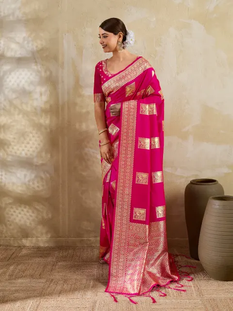 Rani Pink Silk Blend Saree with Zari Butti
