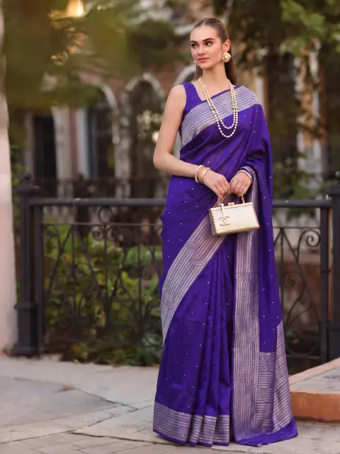 Violet Cotton Blend Saree with Silver Border