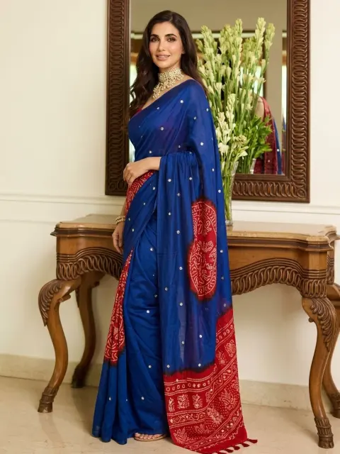 Blue Cotton Saree with Mirror Work