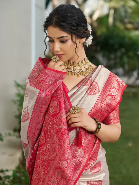 Cream Silk Blend Saree with Red Motifs