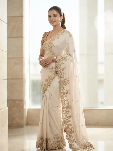 Ivory Embroidered Party Saree