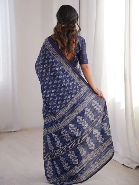 Indigo Bagru Hand-Block Cotton Saree