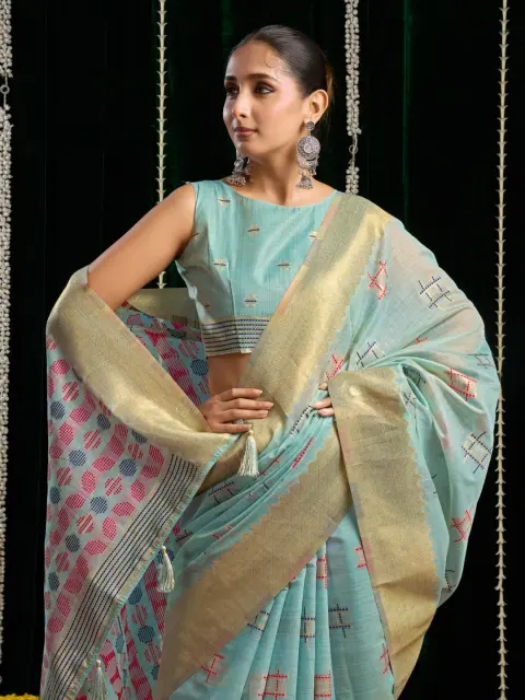 Sky Blue Spun Cotton Saree