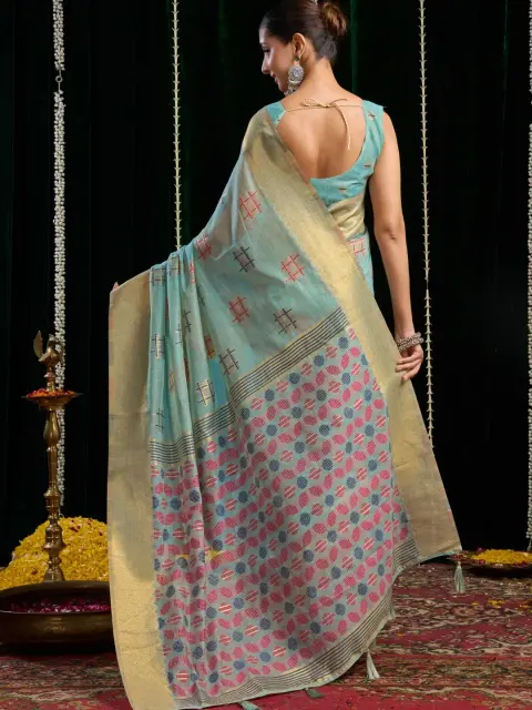 Sky Blue Spun Cotton Saree