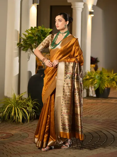 Mustard Tussar Silk Saree with Printed Pallu
